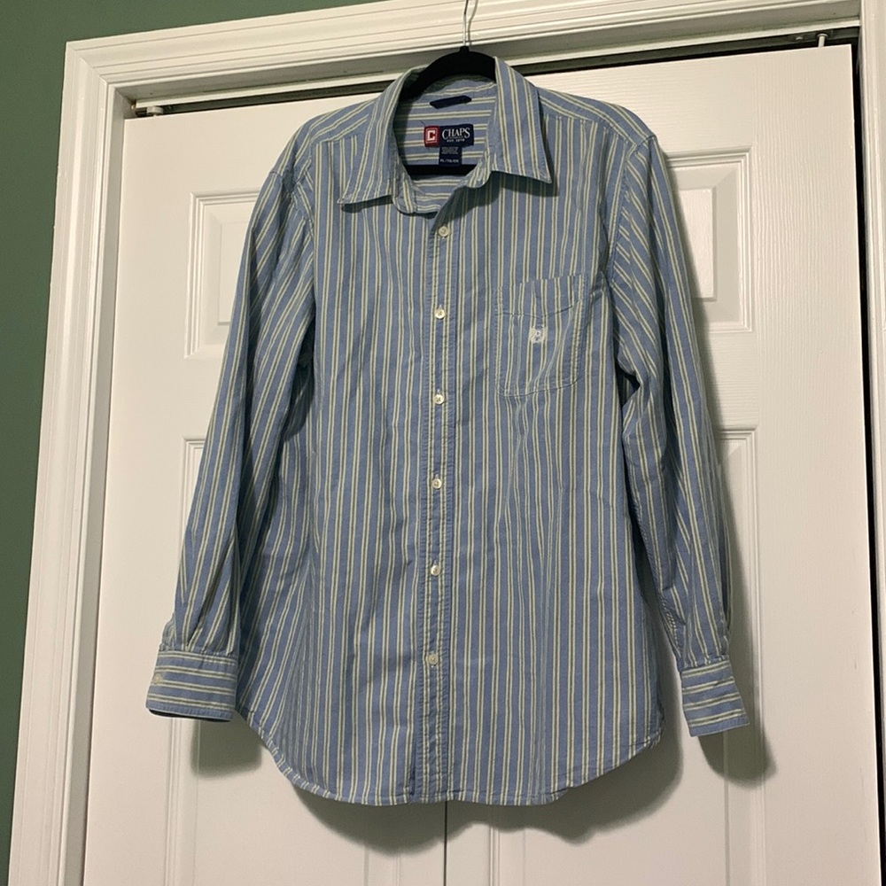 Chaps men’s XL blue yellow striped button down shirt business casual 90s Y2K